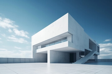 3d render of a modern minimal style white building exterior with blue sky