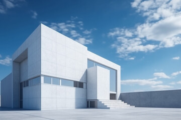 3d render of a modern minimal style white building exterior with blue sky