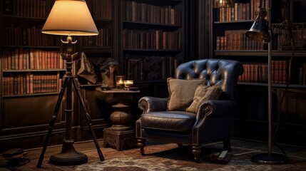 a cozy corner in a library with a comfortable reading chair, a tripod lamp, and a collection of antique books