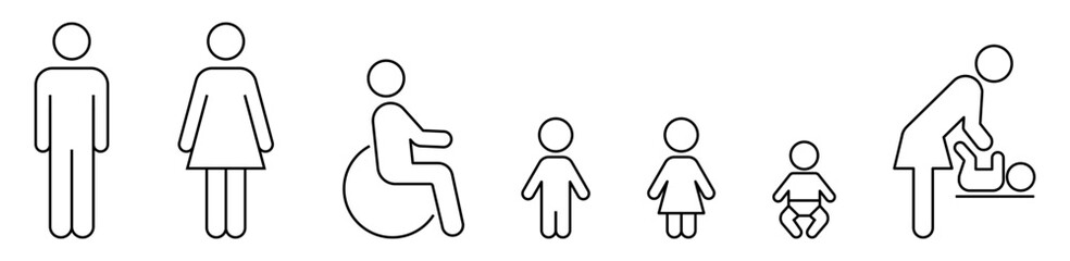 Toilet symbols. Line icon set for WC: man and woman, boys and girls, disabled person, infant, mother and child. Collection of vector icons for public restroom. - 645491751