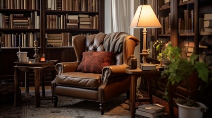 Design a cozy corner in a library with a comfortable reading chair, a tripod lamp, and a collection of antique books