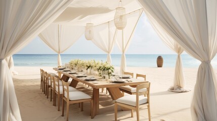 Fototapeta na wymiar Design a minimalist beach wedding reception with a canopy of sheer fabric, wooden tables, and the gentle sound of waves in the background