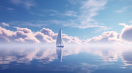 Design a simple cloudscape featuring a lone sailboat on a glassy lake surrounded by fluffy, cotton-like clouds