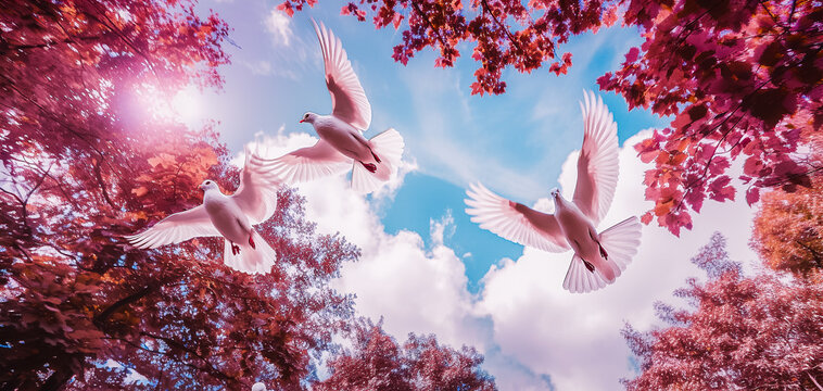 L&acirc;cher de colombes dans le ciel