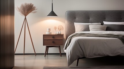 Generate a serene bedroom scene with a view of a tripod lamp on a nightstand, surrounded by soft, muted colors and textured fabrics
