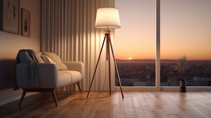 Generate an elegant living room setting with a view of a minimalist tripod lamp casting a warm, soft glow on a wooden floor