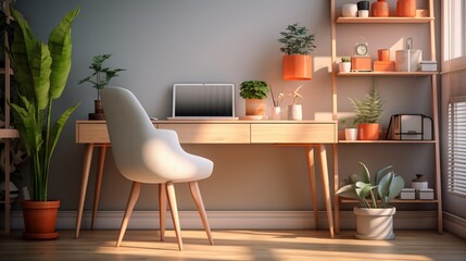 Produce an image of a modern home office with a sleek desk, ergonomic chair, and large potted plant, providing a harmonious workspace