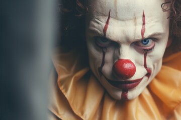 Portrait of an evil clown with a scary face. Close-up.