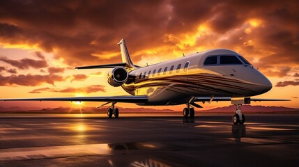 Fototapeta na wymiar Side View Of Private Jet At Sunset