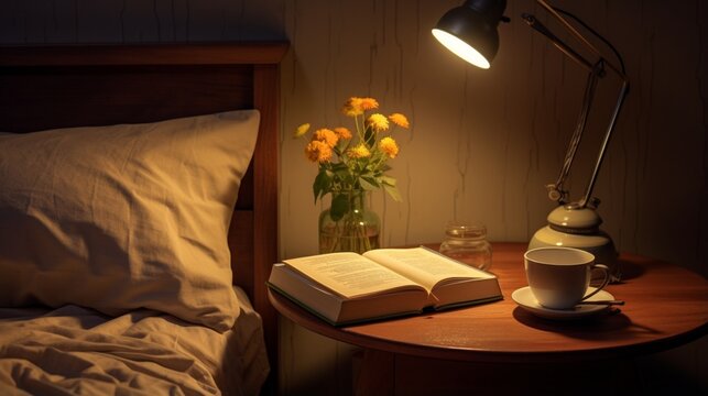 Produce an image of a bedside table with a simple tripod lamp, a stack of books, and a cup of tea, evoking a sense of nighttime relaxation