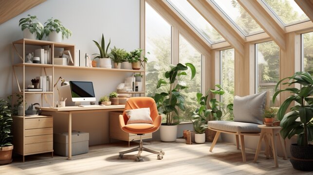 Produce an image of a modern home office with a sleek desk, ergonomic chair, and large potted plant, providing a harmonious workspace