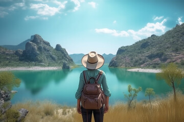 girl tourist stands in the Thailand lake view. a traveler with a backpack and a hat stands with his back with a beautiful jungle lake view. Generative AI