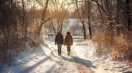back view couple walking hand in hand in winter