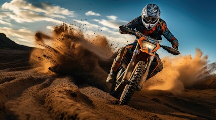 Motocross racer performing on a dirt track. Generative AI