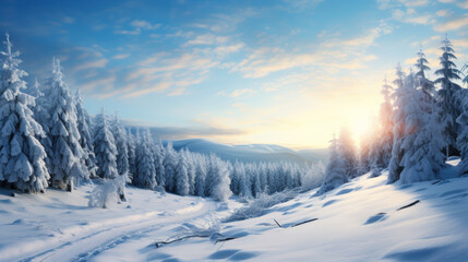 Fototapeta na wymiar Mystical foggy winter forest with pine trees at sunrise. Generative AI.