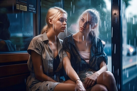 Summer Rain Bonding: Two Young Women Laugh and Chat at a Rainy Bus Stop, ai generative