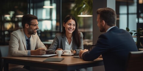 Fototapeta premium Businesspeople Engage in a Formal Conversation at a Modern Office Table, Demonstrating Effective Teamwork and Collaboration in a Corporate Meeting Setting