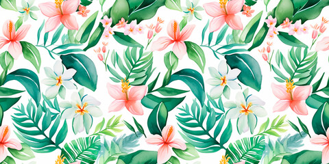 Seamless watercolor tropical patterns, with flowers and foliage. Japanese abstract style. Use for wallpapers, backgrounds, packaging design, or web design