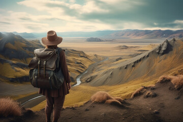 girl tourist stands on a Iceland. a traveler with a backpack and a hat stands with his back with a beautiful Iceland view. Generative AI - obrazy, fototapety, plakaty