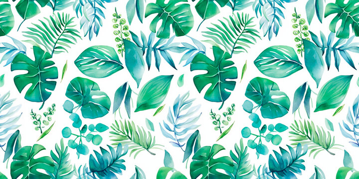 Seamless watercolor tropical patterns, with flowers and foliage. Japanese abstract style. Use for wallpapers, backgrounds, packaging design, or web design