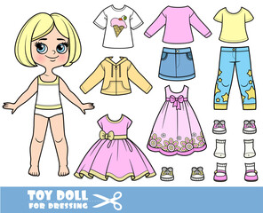 Cartoon blond girl with short bob and clothes separately -   dresses, shirts, long sleeve, skirt, sandals, jeans and sneakers