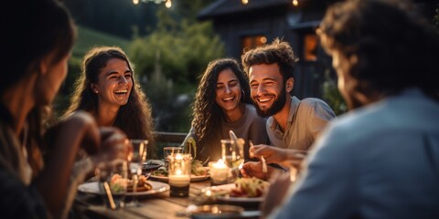 Group of Friends Sharing a Joyful Dinner Outdoors on a Summer Night, Embracing Togetherness, Culinary Delights, and Festive Atmosphere in a Celebration of Friendship and Cultural Diversity