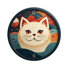 Clock dial with a cat. Cartoon alarm clock with a cat. Children's dial with hour and minute hands. Illustration of baby timer object, wake up timer set. Modern wall clock. Generative ai.
