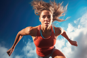 Active female athlete running mid air in a vigorous trining session