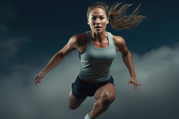 Active female athlete running mid air in a vigorous trining session