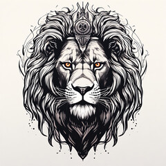 Monochrome Lion Illustration with Tattoo Elements for T-Shirt Design