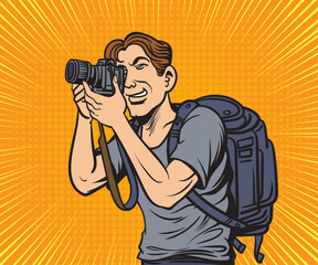 Photographer, man holding a camera preparing to record a photo. Pop art hand drawn style vector design illustrations.