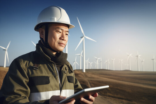 AI generated image of middle aged Asian man wearing uniform and helmet working with digital tablet at the wind turbine site