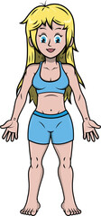 Mujer vista de frente con los brazos extendidos mostrando las diferentes partes del cuerpo.