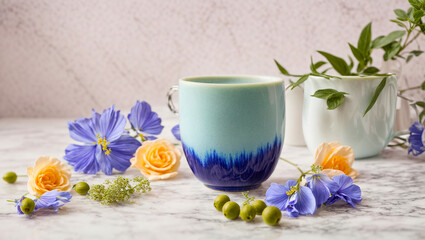 Fototapeta na wymiar Blue matcha tea, Clitoria flowers
