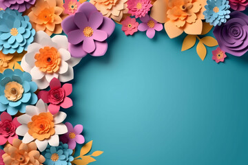 frame with flowers on blue background with copy space
for text 