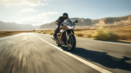 a sleek motorbike cruising down an empty, sunlit highway. The rider leans forward, fully immersed in the thrill of their motorcycle journey.