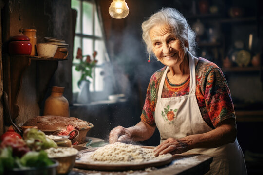 Aging woman smiling happily while preparing food