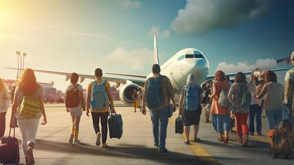 excited tourists, as they board a commercial airplane parked on the airport runway. The scene brims with anticipation and the promise of adventure. - obrazy, fototapety, plakaty