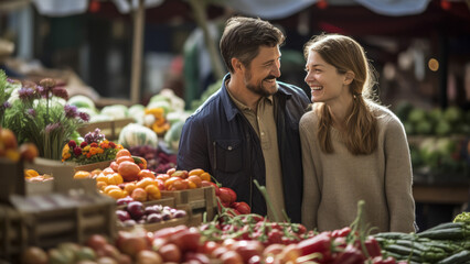 young couple laughing at farmers' marker - Powered by Adobe