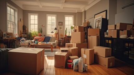 boxes and various household items neatly arranged indoors, ready for the big move. The scene showcases the anticipation and planning that go into a moving day.