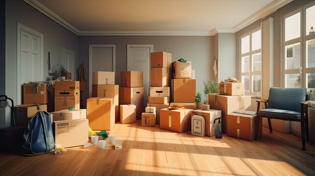 boxes and various household items neatly arranged indoors, ready for the big move. The scene showcases the anticipation and planning that go into a moving day.