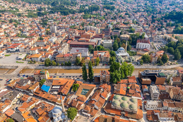 Fototapeta na wymiar Bascarsija old bazaar streets with Miljacka river aerial view, Sarajevo, Bosnia and Herzegovina