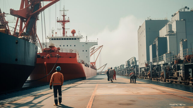 Russian ships with oil and minerals are unloaded in a European port. Concept of sanctions. Generative AI