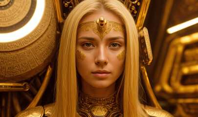 closeup of young beautiful blond queen with golden decorations on face looking at viewer ancient and futuristic gold decorations and light, generative AI