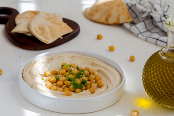 Healthy plate of Hummus with olive oil for breakfast