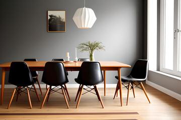 Black stylish classic scandinavian mid century modern wood and leather chairs luxury dining room