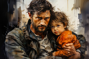 father and son are giving each other a hug, close-up, they are sad, painting - obrazy, fototapety, plakaty