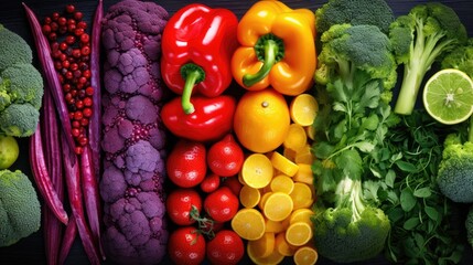 Background of vegetables, fruits and berries. Top view of stalls with organic plant products in the farmer's market or store. Products for a healthy diet. Bright colorful showcase. - obrazy, fototapety, plakaty