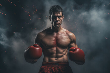 Boxer standing in pose, ready to fight with smoke