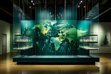 the map of the world represented on a museum display, data visualization style